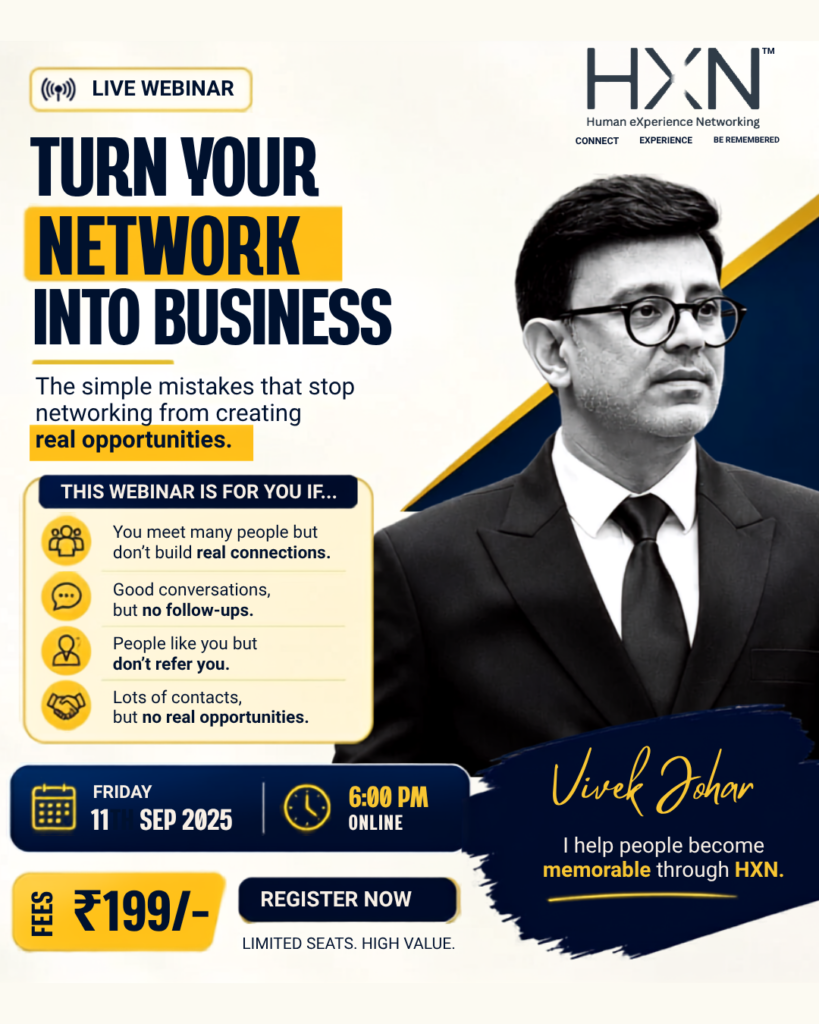 HXN live online webinar poster for How to Turn Your Network Into Business, 11 September at 6:00 PM IST, with Vivvek Johar